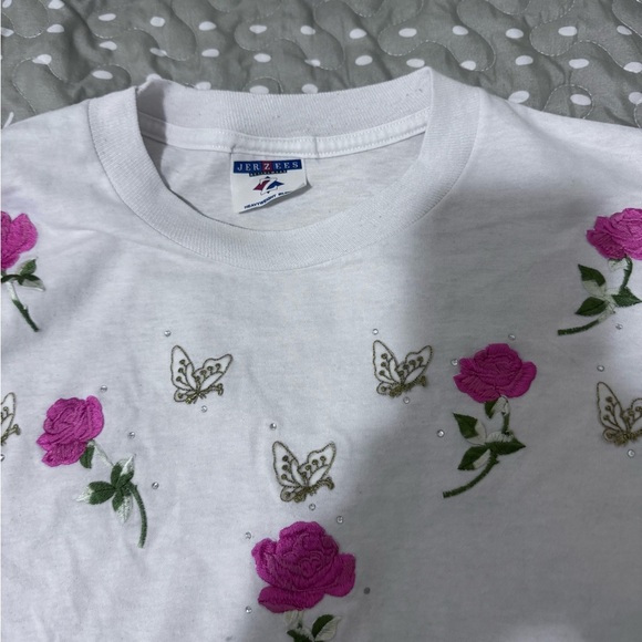 Jerzees White Tee with Pink Floral and Butterfly Design - Picture 5 of 5